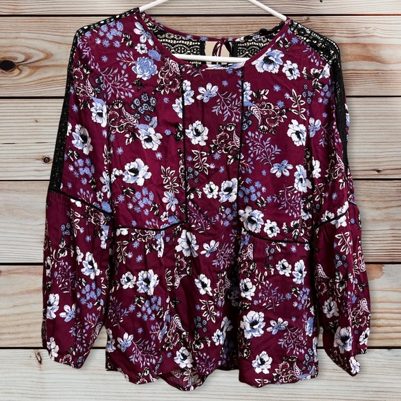 19 Cooper Tops - 19 Cooper Plum Purple Flower Floral Lace Blouse Top Extra Small XS